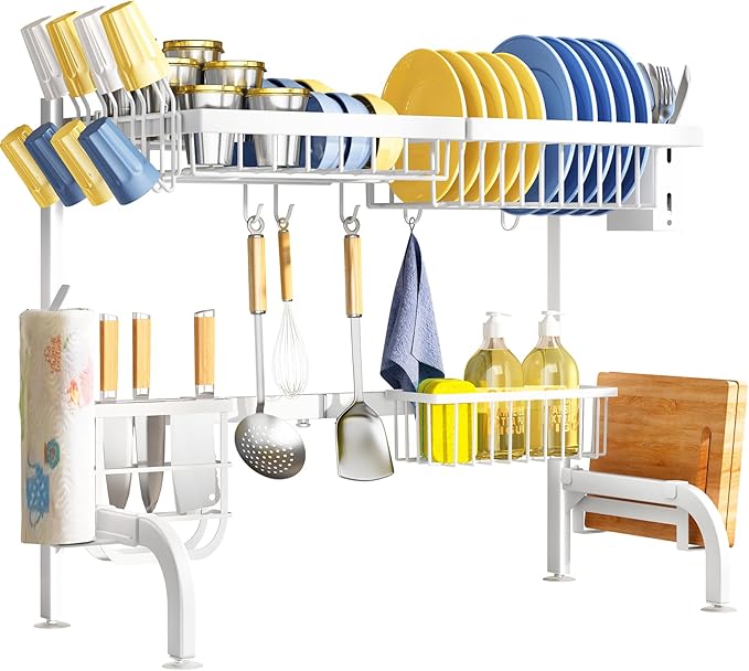 Over The Sink Dish Drying Rack, Adjustable (25.5 to 36.5 inch) 2 Tier Metal Steel Dish Drying Racks for Kitchen Counter with Hooks Paper Towel Utensil Cup Holder Sink Caddy (White) - Image 7