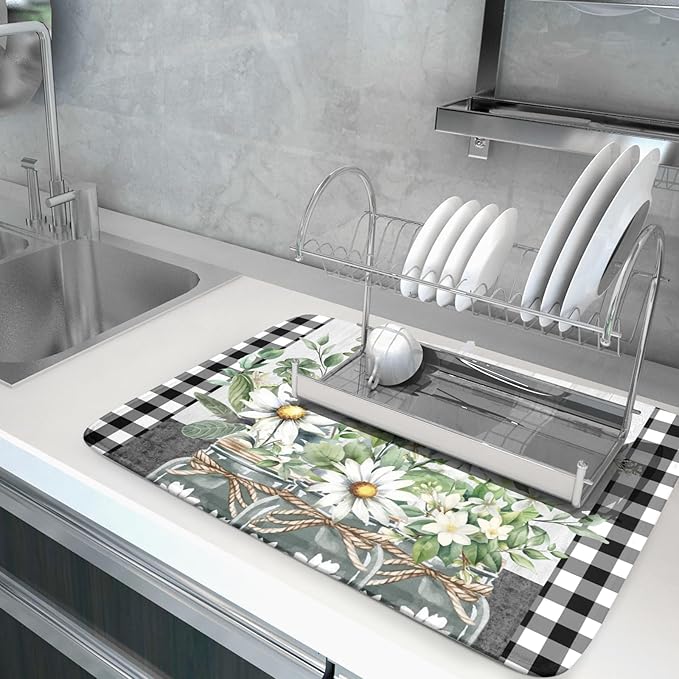 Spring Summer Daisy Floral Dish Drying Mat for Kitchen Counter Watercolor Flowers Absorbent Dishes Drainer Rack Mat 18x24 Inch Microfiber Dish Drying Pads Spring Kitchen Drying Dishes Pad Countertops