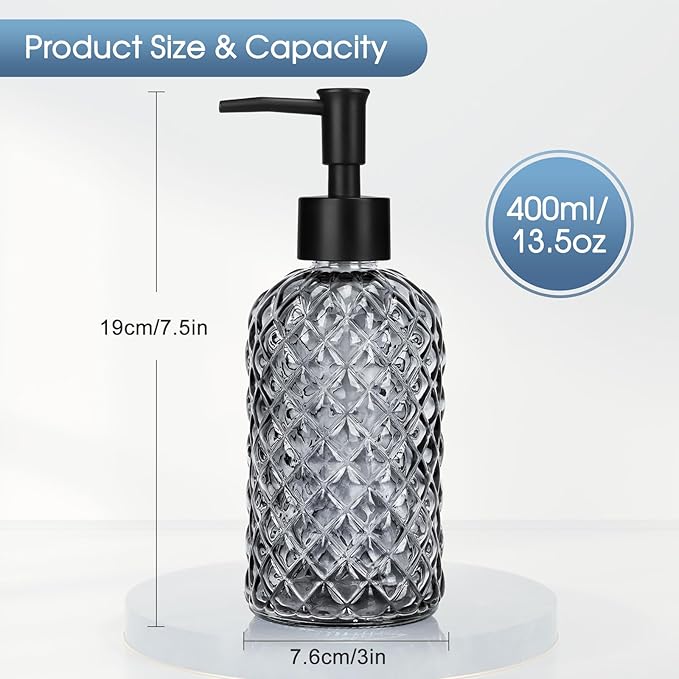 Topsky Gem Glass Soap Dispenser with Black Plastic Pump, 13oz Liquid Hand Soap Dispenser, Rustproof Pump for Kitchen & Bathroom, Great for Lotions, Essential Oil, Liquid Soaps-Gray - Image 5