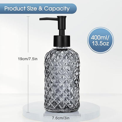 Topsky Gem Glass Soap Dispenser with Black Plastic Pump, 13oz Liquid Hand Soap Dispenser, Rustproof Pump for Kitchen & Bathroom, Great for Lotions, Essential Oil, Liquid Soaps-Gray - Image 5