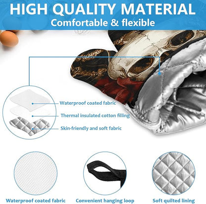 Halloween Skull Rose Crow Oven Mitts and Pot Holders Sets Heat Resistant 4Pcs Potholders Oven Gloves Hot Pads for Kitchen Baking Cooking Grilling BBQ