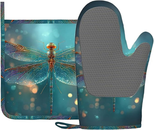 Fantasy Green Dragonfly Oven Mitt and Pot Holder with Silicone Heat Resistant Kitchen for Cooking BBQ Baking Grilling Cooking Protection