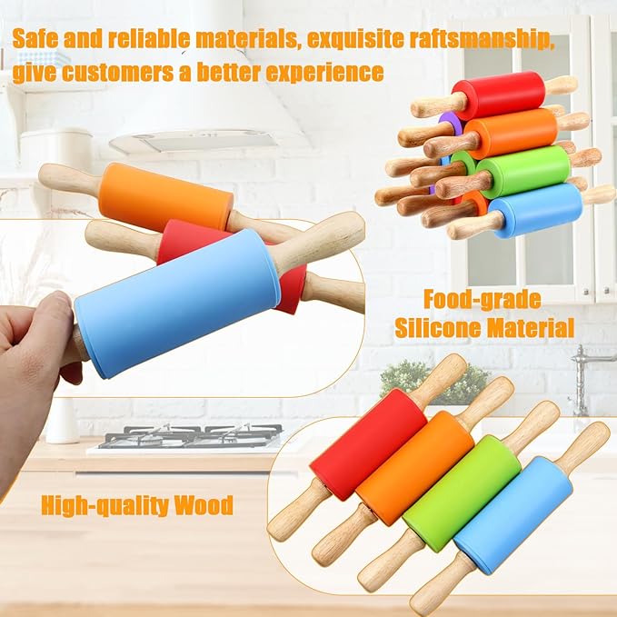 10Pcs 9 Inch Silicone Small Rolling Pin for Kids Wooden Rolling Pins for Baking Mini Silicone 5 Colors Wooden Handle Rolling Pin for Kitchen Cake Baking Cookie - Image 2