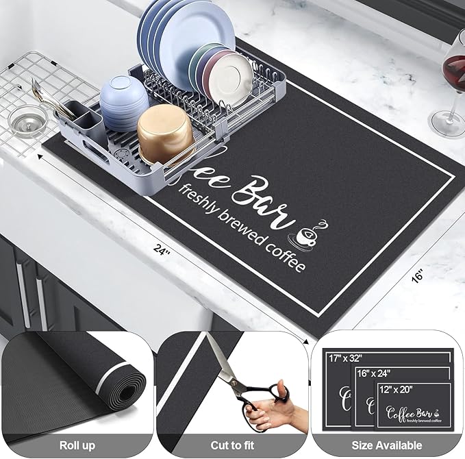 Findosom Dish Drying Mat, 16"x 24" Super Absorbent & Hide Stain Coffee Mat, Cuttable Drying Mat for Kitchen Counter, Coffee Bar Accessories, Under Dish Rack, Coffee Maker, Espresso Machine, Black - Image 2
