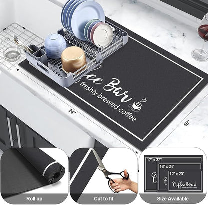 Findosom Dish Drying Mat, 16"x 24" Super Absorbent & Hide Stain Coffee Mat, Cuttable Drying Mat for Kitchen Counter, Coffee Bar Accessories, Under Dish Rack, Coffee Maker, Espresso Machine, Black - Image 2