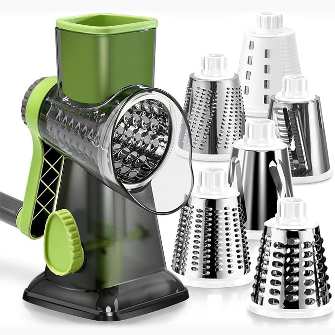 KEOUKE Rotary Cheese Grater Pro 6 in 1 - Shredder Crinkle Slicer Grinder Ice Shaver, Stable Suction, Time-saving Easy Use & Clean, Safe Morden Kitchen Tool for Cheese, Vegetable, Nuts, Chocolate by KEOUKE