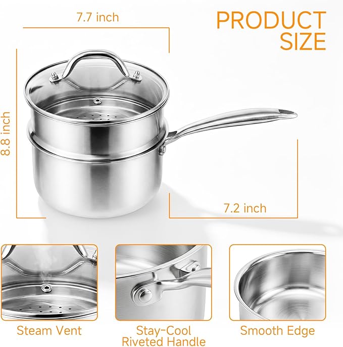 Ohtomber Tri-Ply Stainless Steel Pot - 2.5 Qt Steamer for Cooking, Saucepan with Lid, Medium Kitchen Induction Cooking Pot with Vegetable Food Steamer Basket, Non Stick Sauce Pan with Stay-Cool Handle - Image 5