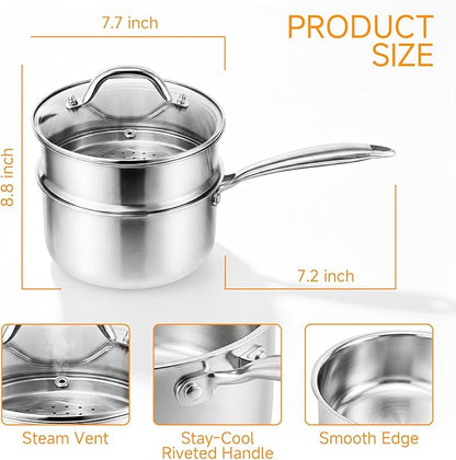 Ohtomber Tri-Ply Stainless Steel Pot - 2.5 Qt Steamer for Cooking, Saucepan with Lid, Medium Kitchen Induction Cooking Pot with Vegetable Food Steamer Basket, Non Stick Sauce Pan with Stay-Cool Handle - Image 5