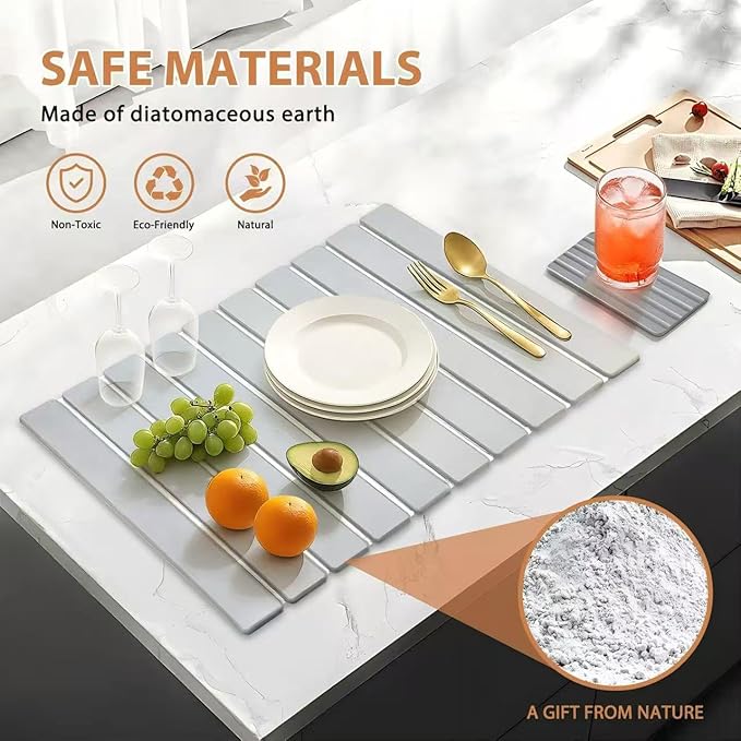 2 PCS Large Stone Dish Drying Mat for Kitchen Counter with Water Absorbing Sink Tray,24x16 Inch Foldable Diatomaceous Earth Dish Mat & 8x4 Inch Stone Coasters Tray,Super Absorbent Quick Dry - Image 4
