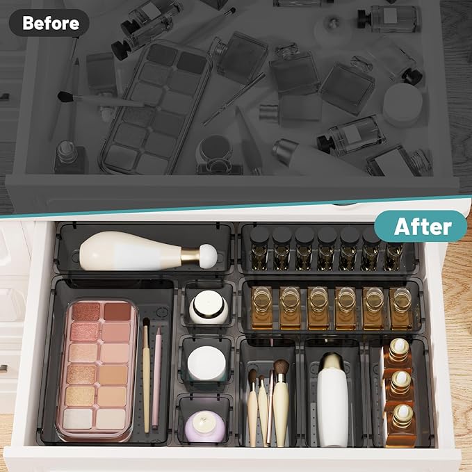 WOWBOX 32 PCS Clear Plastic Drawer Organizer Set, 4 Sizes Desk Drawer Organization and Storage Containers for Makeup, Cosmetics, Jewelry and Gadgets in Kitchen, Bathroom, Bedroom, Office, Clear Black - Image 5