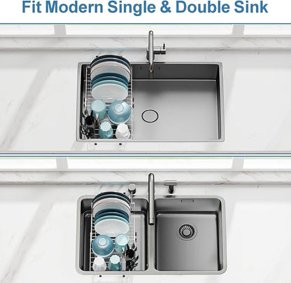 GSlife Over Sink Dish Drying Rack - Large Expandable Stainless Steel in Sink Dish Drainer with Square Corners, Rust Resistant with Lock Knob, Heavy Duty Fit for Modern Single & Double Sinks, Silver