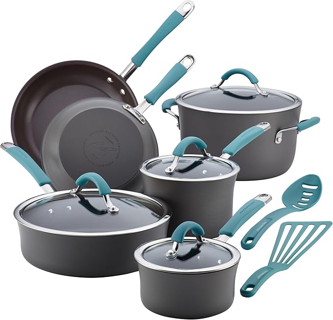 Rachael Ray Cucina Hard Anodized Nonstick Cookware Pots and Pans Set, 12 Piece, Gray with Blue Handles by RachaelRayKitchenware