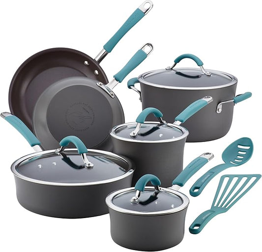Rachael Ray Cucina Hard Anodized Nonstick Cookware Pots and Pans Set, 12 Piece, Gray with Blue Handles by RachaelRayKitchenware