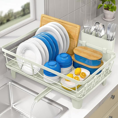 Urackify Dish Drying Rack for Kitchen Counter, Sink Dish Rack with Drainboard, Large Dish Drainer with Cups Holder, Home Countertop Plate Dryer Storage Rack with Cutlery Holder, Soft Celery Green - Image 3