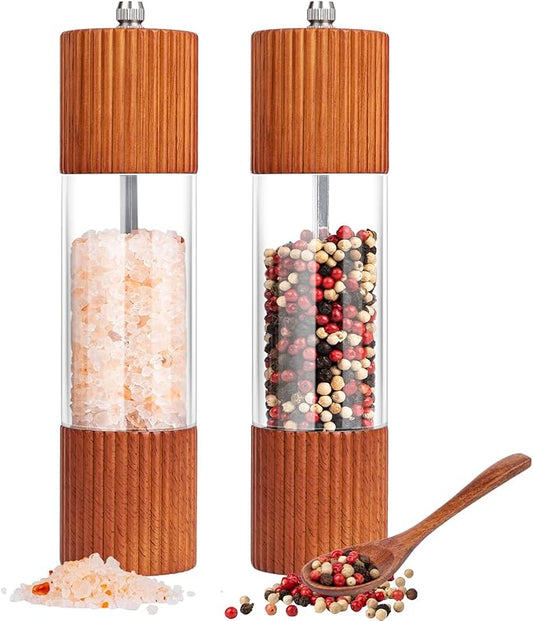 Acacia Wooden Salt and Pepper Grinder Set, 8 Inches Refillable Salt and Pepper Mills with Adjustable Ceramic Core, Manual Salt and Pepper Shakers for Kitchen Cooking and Gifts by Setron