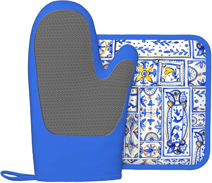 Blue Boho Geometric Silicone Oven Mitts Pan Mats Set of 2, Heat Resistant Gloves Potholder with Non-Slip Grips Hanging Loops Pot Holder, Spring Summer for Chef Cooking, Baking, Grilling, BBQ