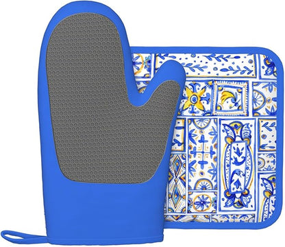 Blue Boho Geometric Silicone Oven Mitts Pan Mats Set of 2, Heat Resistant Gloves Potholder with Non-Slip Grips Hanging Loops Pot Holder, Spring Summer for Chef Cooking, Baking, Grilling, BBQ