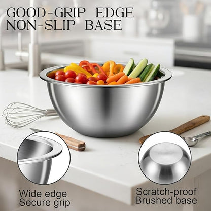 DUTZUN Heavy-Duty Stainless Steel Mixing Bowls Set of 5 plus 3QT Colander, Nesting Kitchen Metal Bowl for Baking Prep Salads Serving Cooking, Non-Toxic & Dishwasher Safe — 4.0 to 0.8 QT