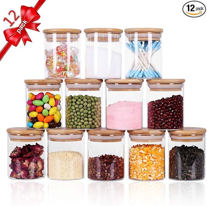 Tzerotone Glass Jars Set,Upgrade Spice Jars with Wood Airtight Lids and Labels, 6oz 12 Piece Small Food Storage Containers for Home Kitchen, Tea, Herbs, Sugar, Salt, Coffee, Flour, Herbs, Grains… by Tzerotone