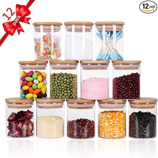 Tzerotone Glass Jars Set,Upgrade Spice Jars with Wood Airtight Lids and Labels, 6oz 12 Piece Small Food Storage Containers for Home Kitchen, Tea, Herbs, Sugar, Salt, Coffee, Flour, Herbs, Grains… by Tzerotone