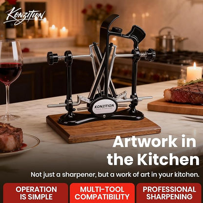 Premium Knife Sharpener with Wooden Base Ideal for Home Kitchens. V-Shape Knife Sharpener Ideal Gift for Father, Husband, Cooks & Anglers. Adjustable Angles, And a Full Metal Frame.