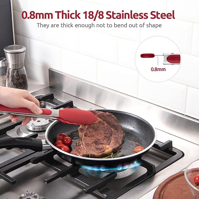 600ºF Heat Resistant Kitchen Tongs: U-Taste 9 inch Silicone Cooking Tong with Firm Sealed Non Stick Rubber Tips & Silicon Coated 18/8 Stainless Steel Handle & Smooth Locking for Serving Salad (Red) - Image 5