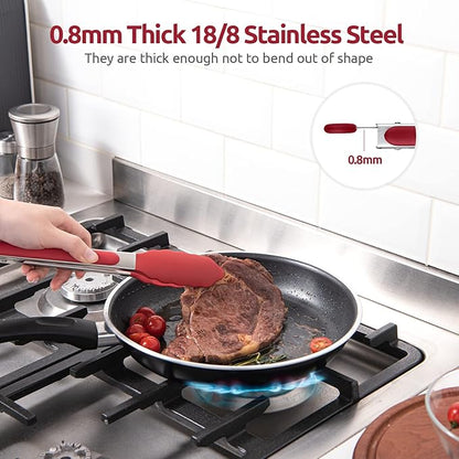 600ºF Heat Resistant Kitchen Tongs: U-Taste 9 inch Silicone Cooking Tong with Firm Sealed Non Stick Rubber Tips & Silicon Coated 18/8 Stainless Steel Handle & Smooth Locking for Serving Salad (Red) - Image 5