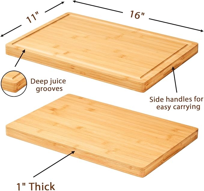 Allsum Bamboo Wood Cutting Boards for Kitchen, 1" Extra Thick Butcher Block with Juice Grooves & Handles Resisting to Warping and Cracking, Fancy Charcuterie Boards, 16"L x 11"W - Image 3