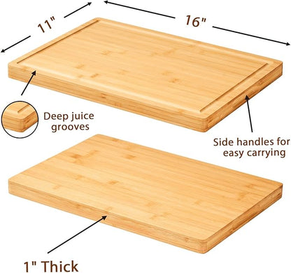 Allsum Bamboo Wood Cutting Boards for Kitchen, 1" Extra Thick Butcher Block with Juice Grooves & Handles Resisting to Warping and Cracking, Fancy Charcuterie Boards, 16"L x 11"W - Image 3