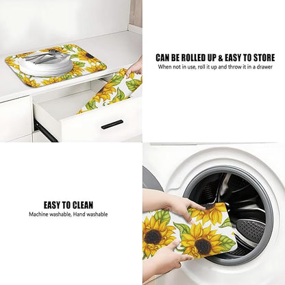 Dish Drying Mat for Kitchen Counter 2 Pack with Non-Slip Rubber Backing - Heat-Resistant Absorbent Coffee Bar Mat, Dish Rack Mat, Sunflower Dish Drying Mats 18x24+19.5x12 inch