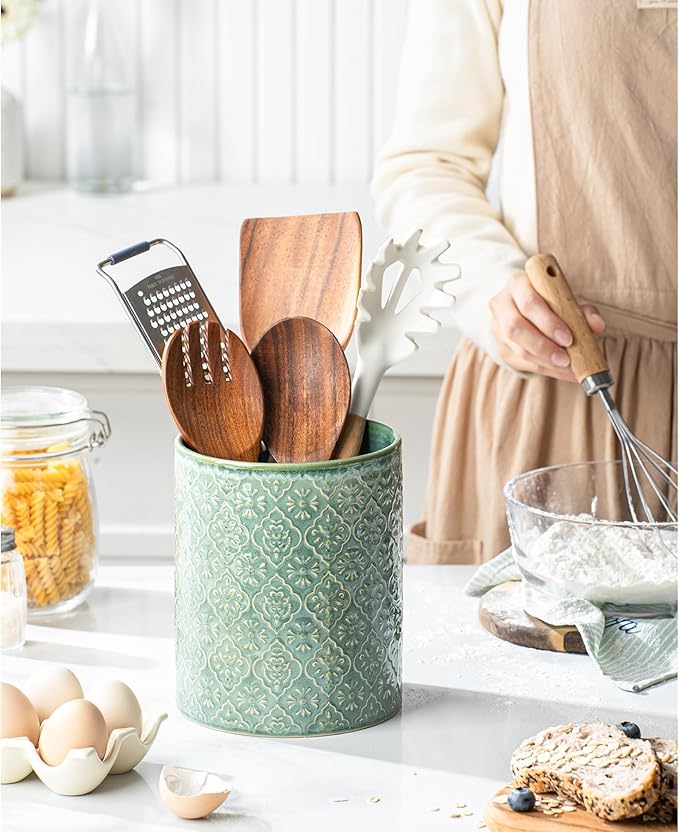 Kitchen Utensil Holder, 6x7 inch Large Ceramic Utensil Holder with Embossed Pattern, Cooking Utensil Crocks for Kitchen Countertop, Home Decor, Forest Green - Image 5