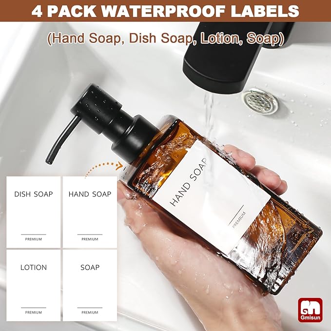 GMISUN Amber Glass Soap Dispenser, 2 Pack Hand Soap Dispenser Bathroom, 12 fl oz/350ml Dish Dispenser Set for Kitchen, Glass Liquid Dispenser with Stainless Steel Pump, Brown Soap Dispensers Bottle - Image 4