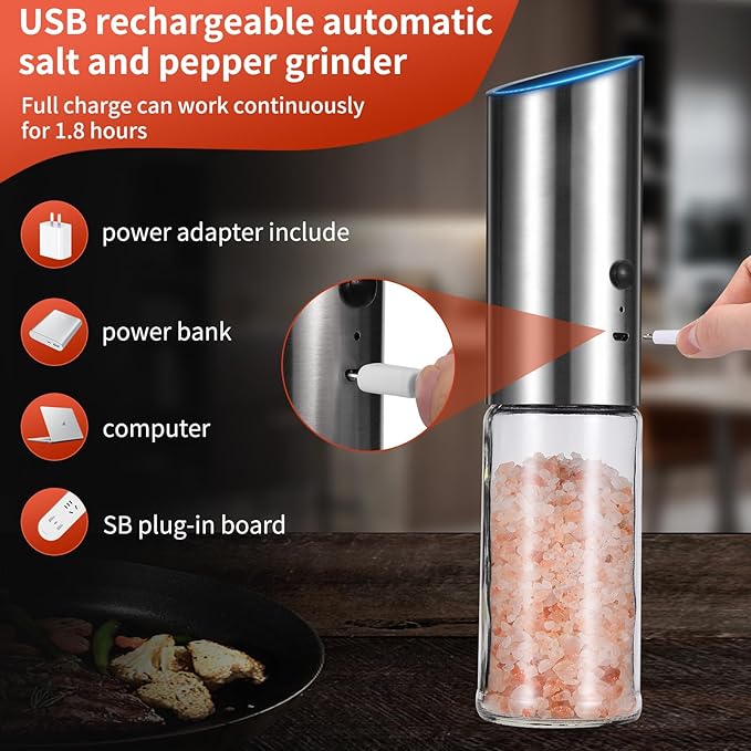 Electric Salt and Pepper Grinder Set - USB Rechargeable Gravity Salt and Pepper Shakers, Automatic Glass Mill with Adjustable Coarseness, LED Light, One-Hand Operation for Kitchen & Dining - Image 2