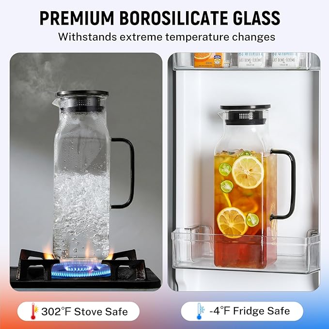 2 Quart (2 Liter 68 oz) Square Glass Pitcher with Lid and Spout, Water Pitchers with Handle for Fridge, Borosilicate Glass Carafe for Hot/Cold Drink, Large Jug for Iced Tea, Coffee, Beverage, Black - Image 6