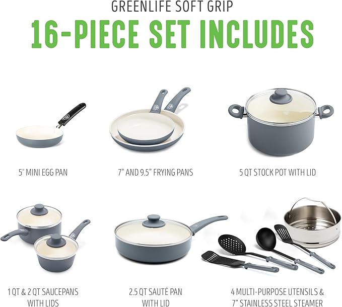 GreenLife 16 Piece Nonstick Cookware Set, Soft Grip Non-Toxic PFAS-Free Ceramic Pots & Pans, Dishwasher & Oven Safe, Frying, Sauce, Saute, Utensils, Glass Lids, Stay-Cool Handles, Wobble Free, Gray - Image 3