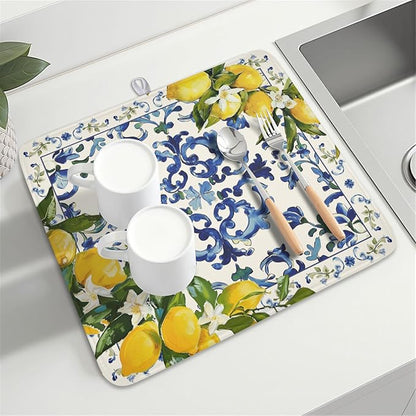 Lemon Dish Drying Mat 18x16 Inch, Blue Tiles Drying Mat with Absorbent Reversible Microfiber, Italian Olive Tree Dish Drainer Mats Summer Rack Pad for Coffee Countertop Kitchen Protector