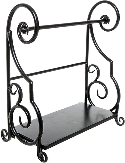 MyGift Paper Towel Holder Countertop with Shelf – Black Metal Freestanding Decorative Organizer for Kitchen, Scrollwork Design, Horizontal Storage for Spices, Napkins, and Condiments