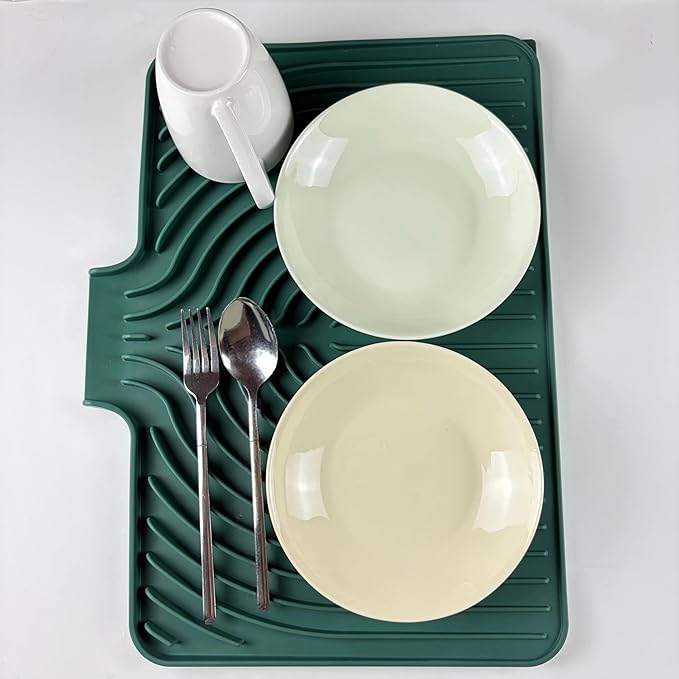Dish Drying Mat for Kitchen Counter, with Built-in Drain Lip, Food-Grade Silicone, Easy Clean Pad for Countertop Protection, Multi-Functional Use (18x11.8, Dark Green) - Image 3