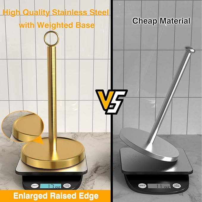 Gold Paper Towel Holder Countertop, Gold Kitchen Accessories Decor, Stainless Steel, Weighted Base, Paper Towel Stand for Bathroom Farmhouse Essentials - Image 3