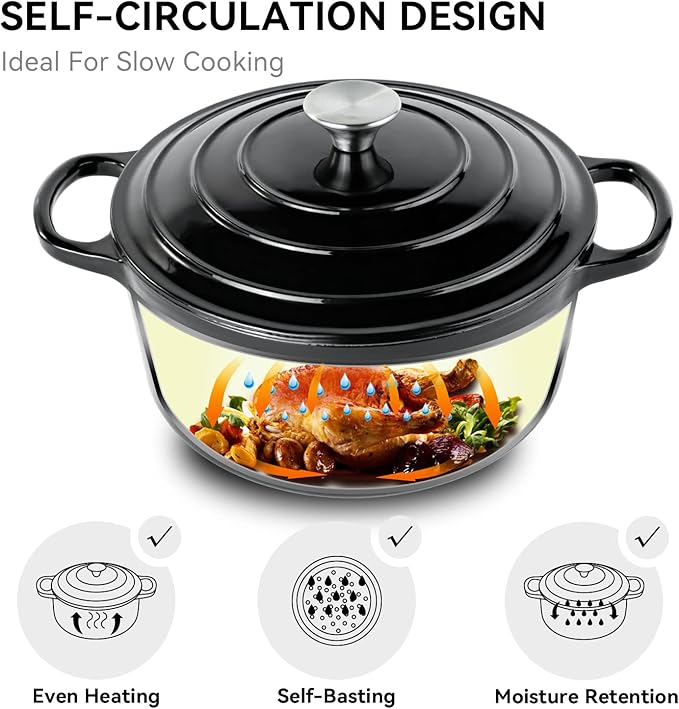 Miereirl 6 Quart Enameled Dutch Oven Pot with Lid, Cast Iron Dutch Oven with Dual Handles for Bread Baking, Cooking, Non-stick Enamel Coated Cookware (Black) - Image 4