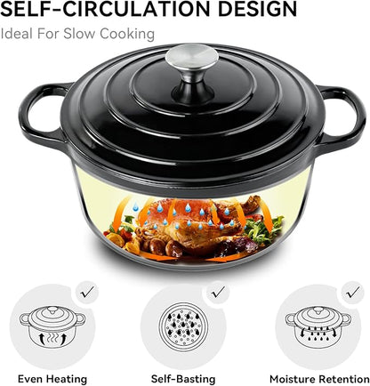 Miereirl 6 Quart Enameled Dutch Oven Pot with Lid, Cast Iron Dutch Oven with Dual Handles for Bread Baking, Cooking, Non-stick Enamel Coated Cookware (Black) - Image 4