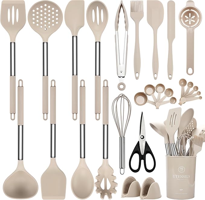 NCUE Silicone Cooking Utensils Set, 28 Pcs Kitchen Utensils Set 446°F Heat Resistant Spatula Set, Food Grade Silicone and Stainless Steel Handle Kitchen Gadgets for Nonstick Cookware BPA Free by NCUE