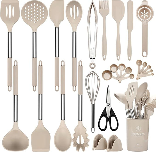 NCUE Silicone Cooking Utensils Set, 28 Pcs Kitchen Utensils Set 446°F Heat Resistant Spatula Set, Food Grade Silicone and Stainless Steel Handle Kitchen Gadgets for Nonstick Cookware BPA Free by NCUE