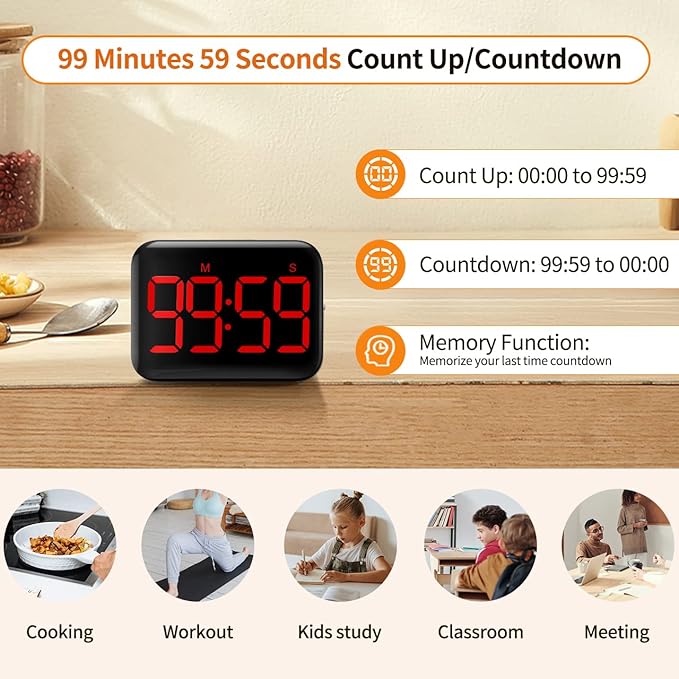 VOCOO Magnetic Kitchen Timer for Cooking with Count Up Countdown, Digital Timer Battery Powered with Large Display, 2 Brightness and Volume Levels for Classroom, Teacher, Kids (Red) - Image 3