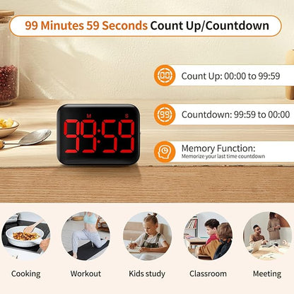 VOCOO Magnetic Kitchen Timer for Cooking with Count Up Countdown, Digital Timer Battery Powered with Large Display, 2 Brightness and Volume Levels for Classroom, Teacher, Kids (Red) - Image 3