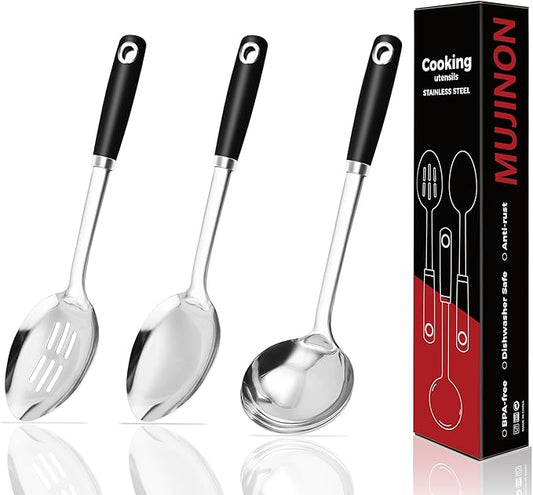 14-in Cooking Spoons Set, Heavy Duty 18/0 Stainless Steel Large Serving Spoons Set, Slotted Spoon, Cooking Spoon & Soup Ladle, Commercial and Residential Use, Pack of 3 by MUJINON
