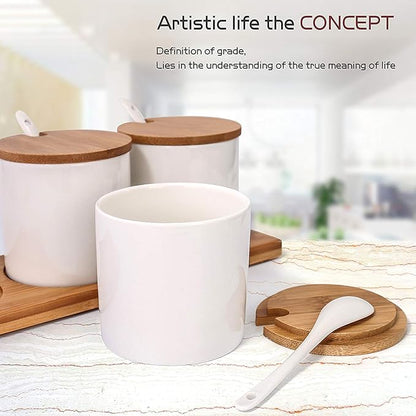 June Sky Ceramic Food Storage Containers with Bamboo Lid- Modern Design Porcelain Jar- Perfect Canister for Sugar Bowl Serving Tea, Coffee, Spice- Condiment Pot 8 oz, white