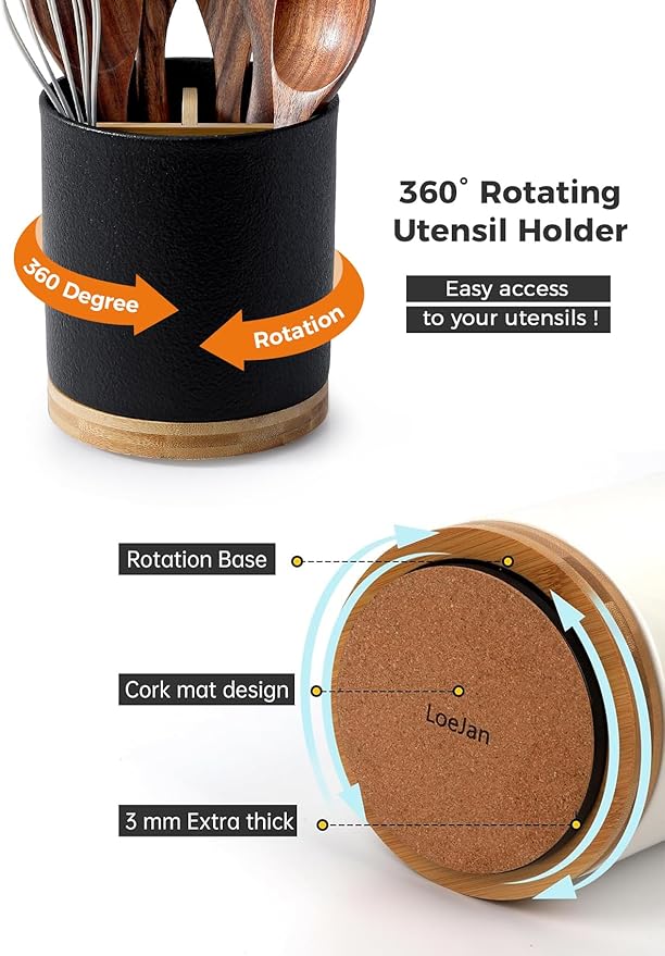 LoeJan 3 Compartment Utensil Holder, Extra Large Utensil Crock, Stable Ceramic Utensil Organizer, Cooking Tool Organizer Set for Kitchen Counter Farmhouse Decor,Textured Black - Image 5