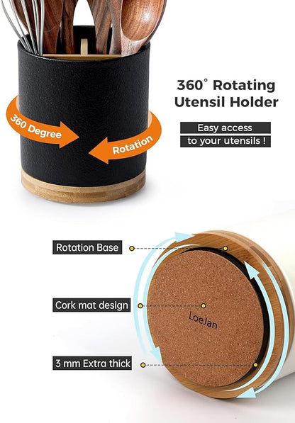 LoeJan 3 Compartment Utensil Holder, Extra Large Utensil Crock, Stable Ceramic Utensil Organizer, Cooking Tool Organizer Set for Kitchen Counter Farmhouse Decor,Textured Black - Image 5