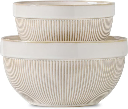 Ceramic Large Glazed White Stripe Mixing Bowls for Kitchen, Set of 2 Big Serving Bowls for Cooking, Popcorn, Salad, Soup, Baking, Dough Bread Making Bowl, 10 inch + 8 inch by TEAKISS